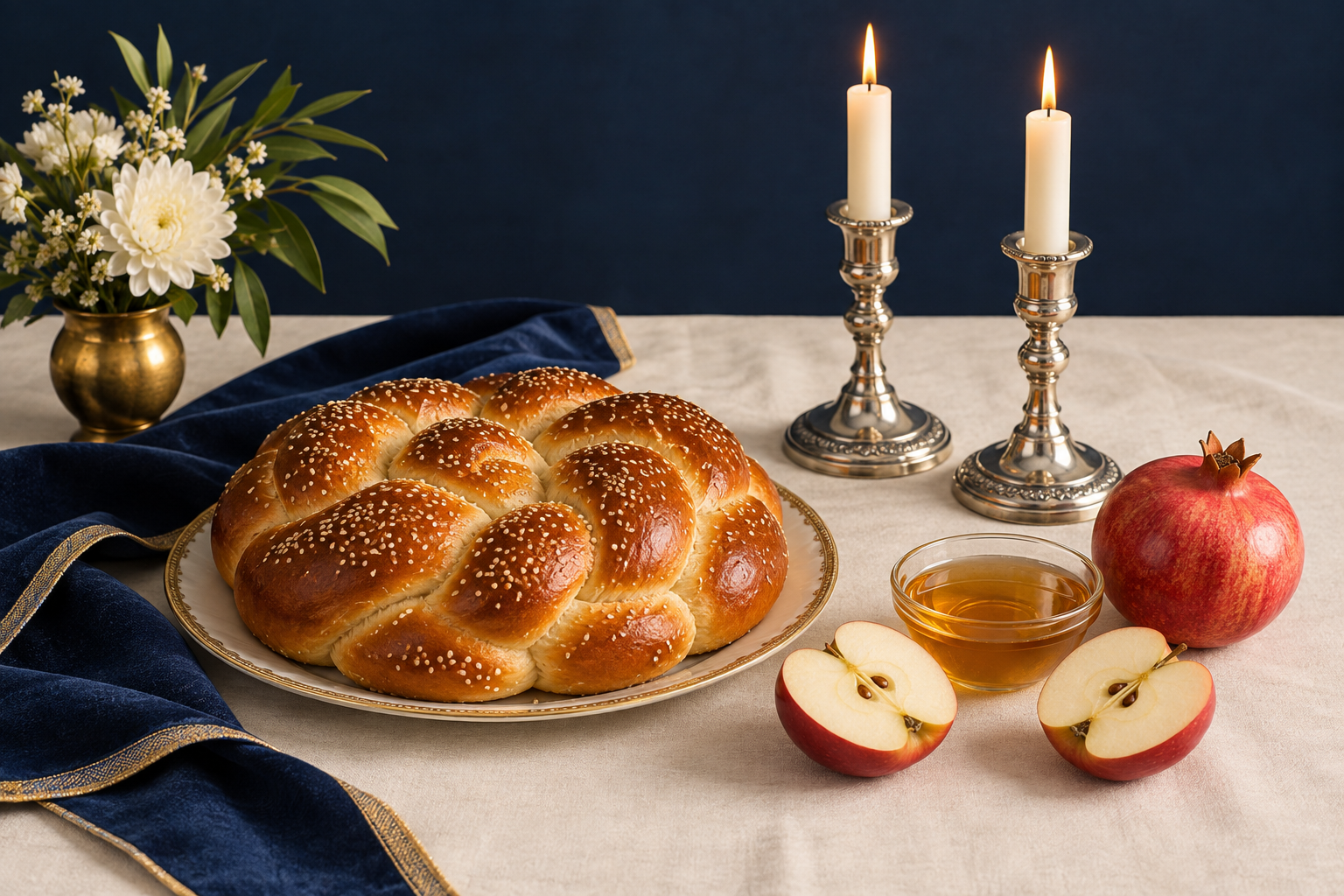 Challah, candles, apples, honey and pomegranate on a festive table